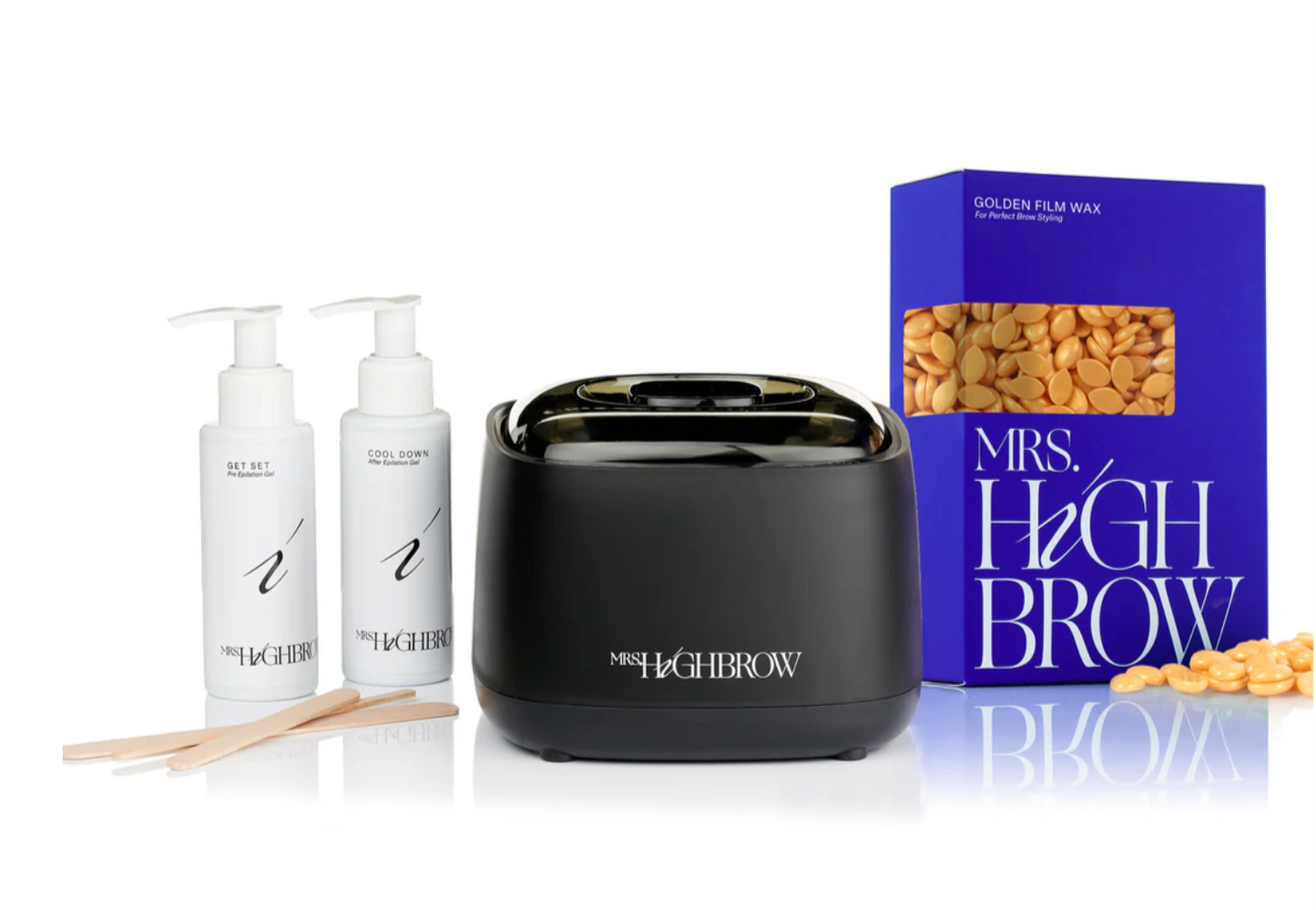 Het Starterspakket Waxing van Mrs. Highbrow bevat een digitale waxverwarmer, Gold Film Wax, voor- en nazorgproducten, en 100 spatels. Perfect voor professioneel thuis waxen.