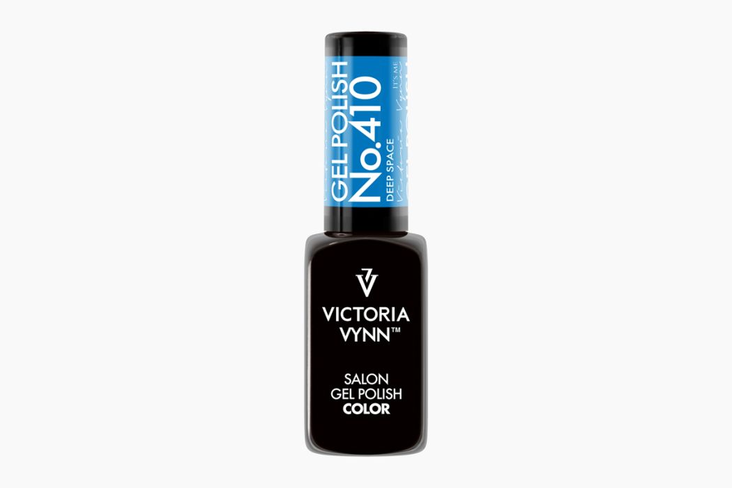 Flesje Victoria Vynn Gel Polish 410 Deep Space – diep blauw met kristalachtige glans uit Luna Glass collectie.