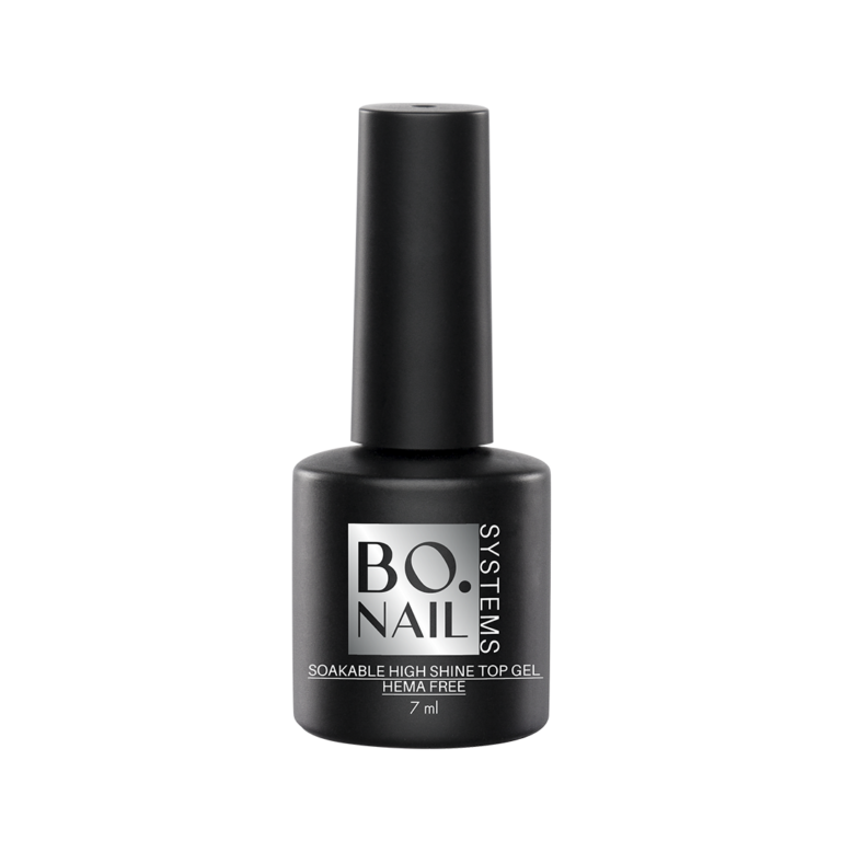 BO. Soakable Top Gel High Shine, HEMA-vrij - een hoogglans topgel die afweekbaar is, zonder HEMA-componenten.