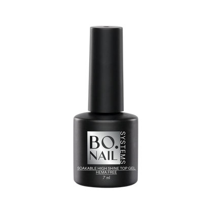 BO. Soakable Top Gel High Shine, HEMA-vrij - een hoogglans topgel die afweekbaar is, zonder HEMA-componenten.