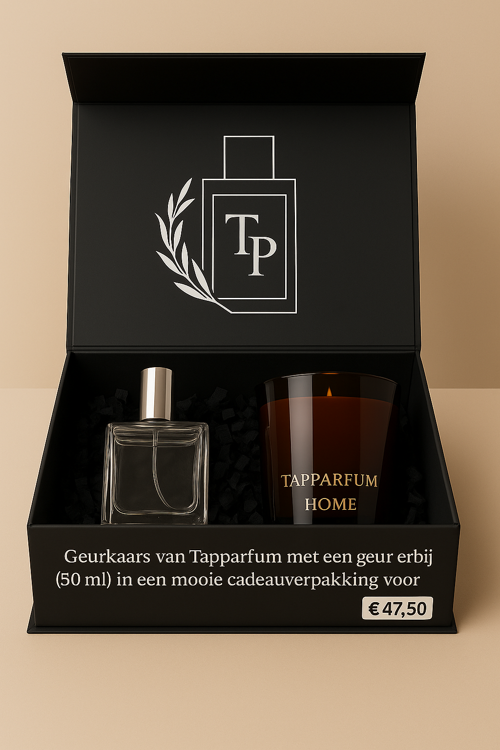 Tapparfum giftset met geurkaars en 50 ml geur in luxe zwarte cadeauverpakking